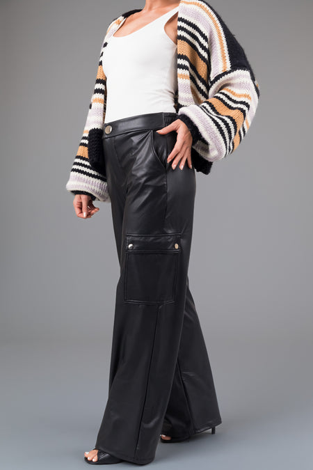 Black Faux Leather Straight Leg Cargo Pants