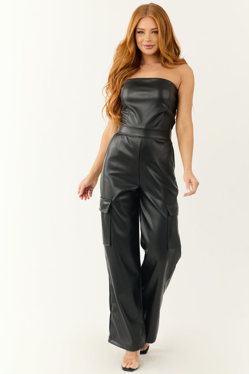 Black Faux Leather Strapless Cargo Jumpsuit