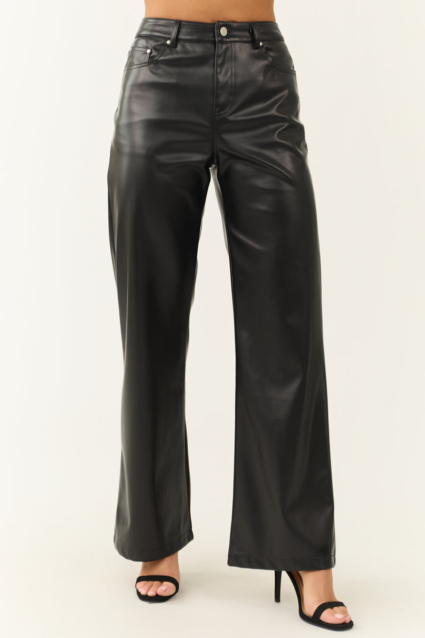 Black Faux Leather Wide Leg High Waisted Pants