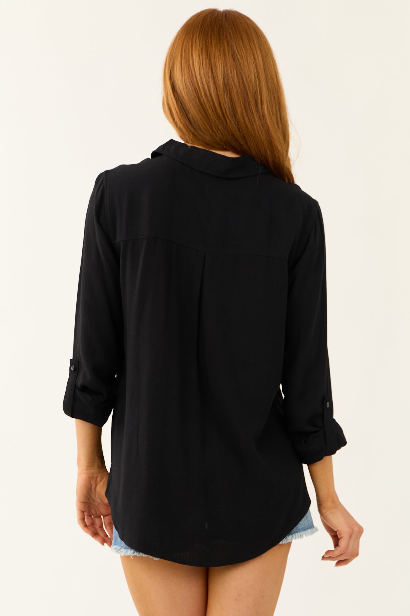 Black Faux Linen Rolled Cuff Collared Shirt