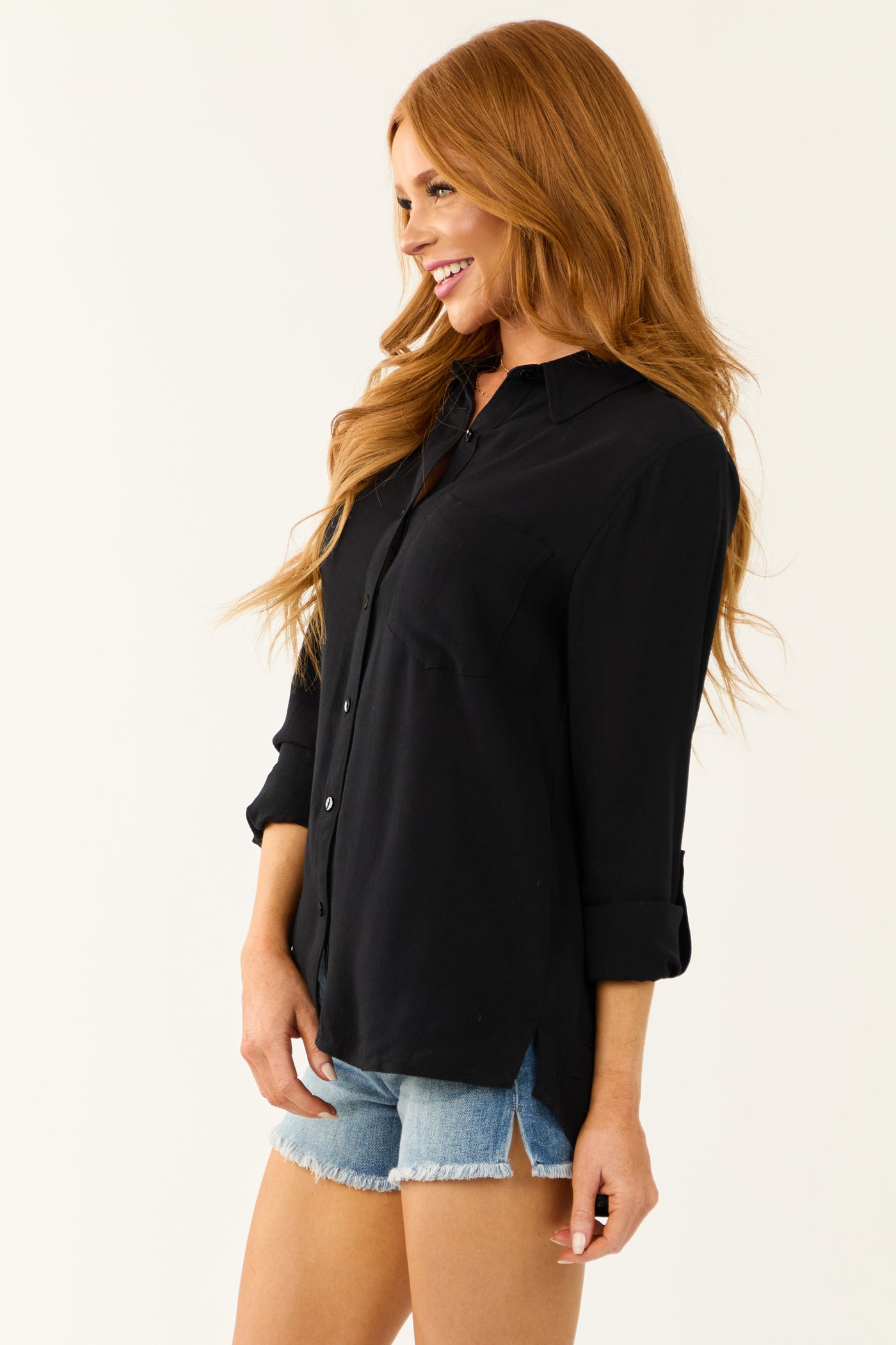 Black Faux Linen Rolled Cuff Collared Shirt