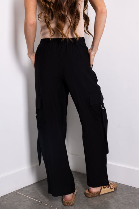 Black Faux Linen Wide Leg Cargo Pants