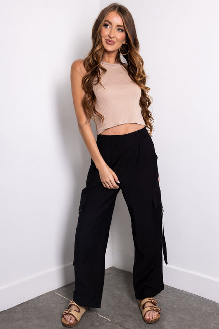 Black Faux Linen Wide Leg Cargo Pants