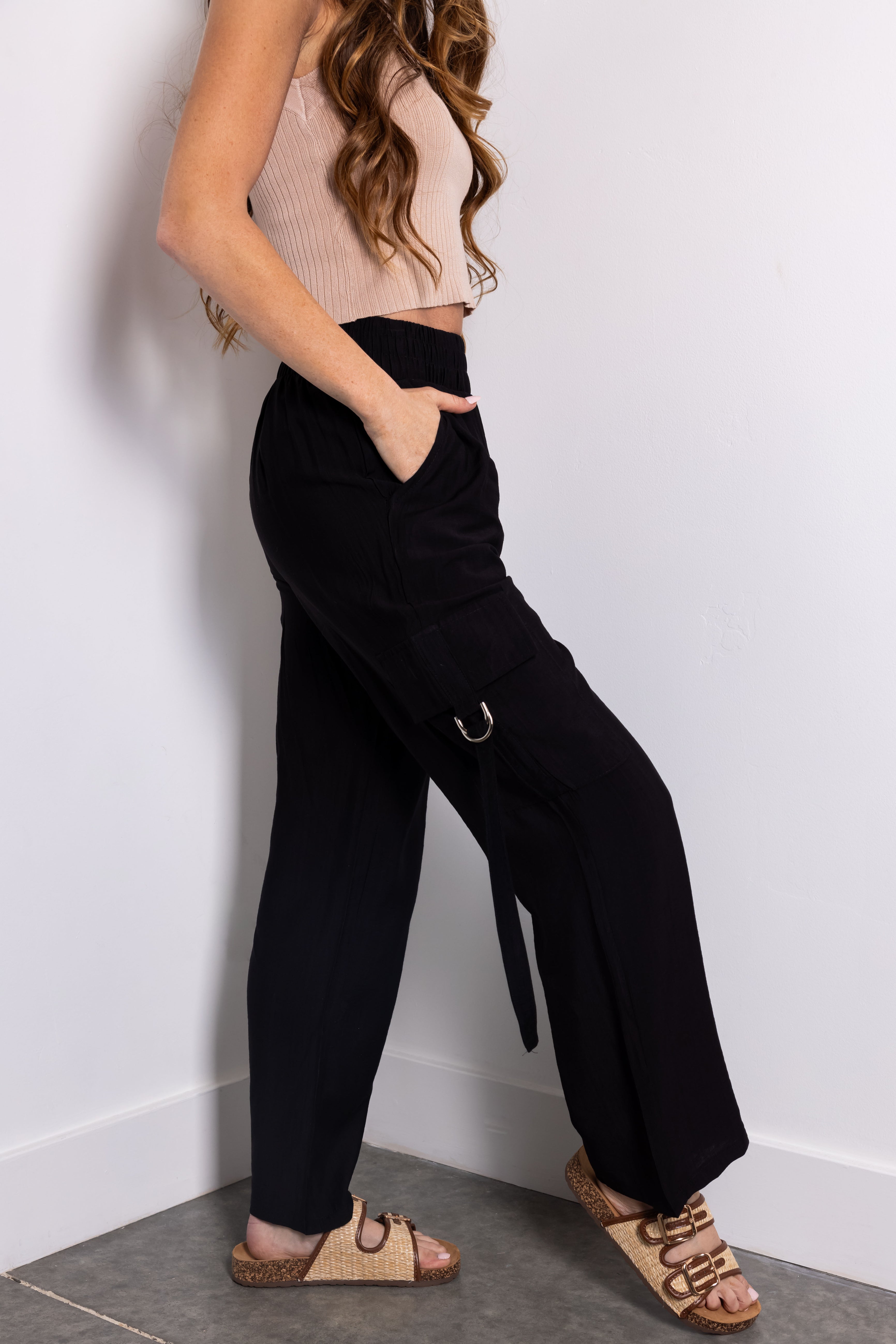 Black Faux Linen Wide Leg Cargo Pants