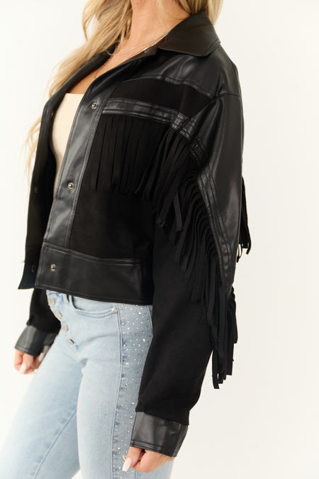 Black Faux Suede Fringe Detail Button Up Jacket