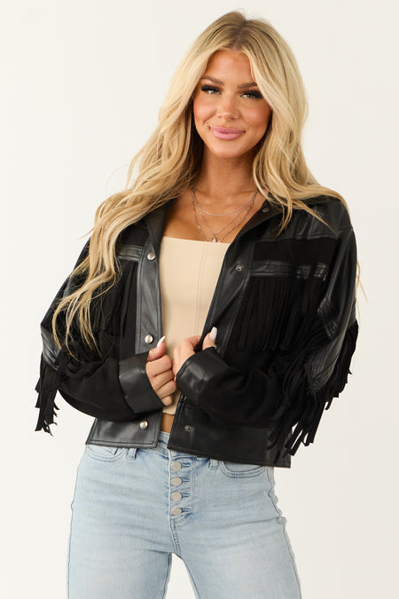 Black Faux Suede Fringe Detail Button Up Jacket