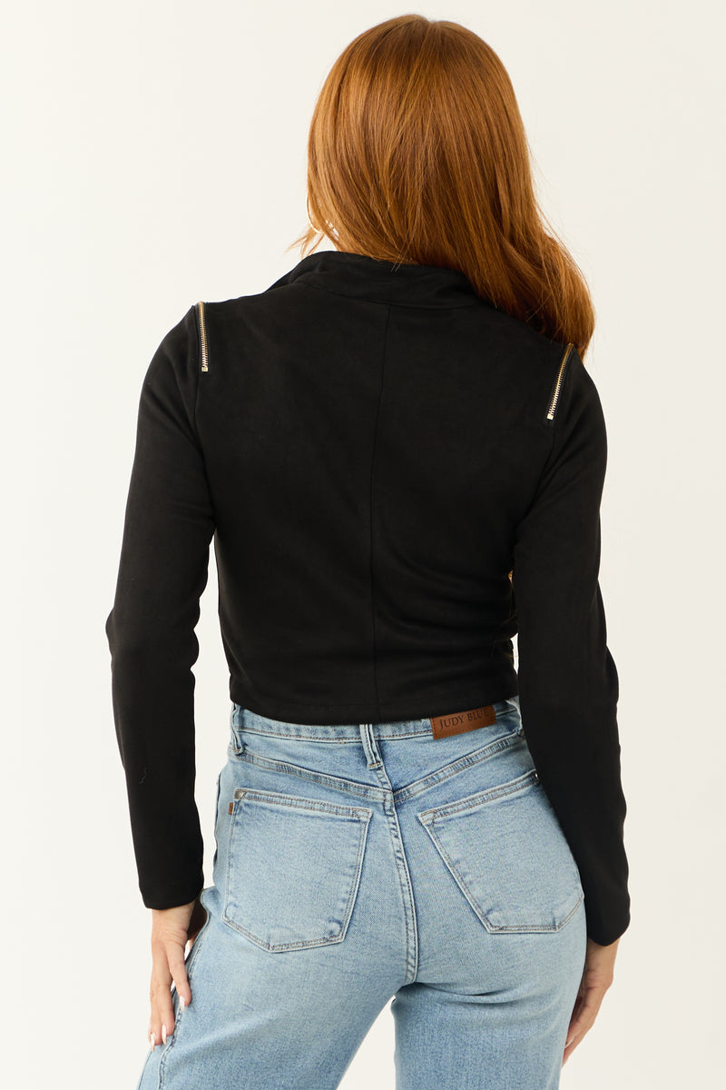 Black Faux Suede Zipper Detail Biker Jacket