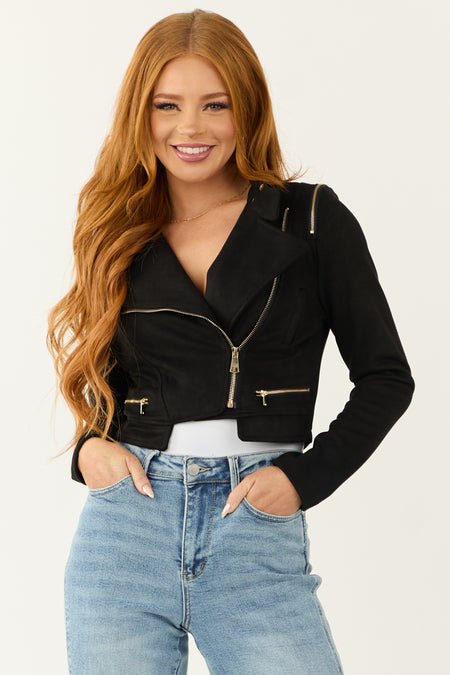 Black Faux Suede Zipper Detail Biker Jacket