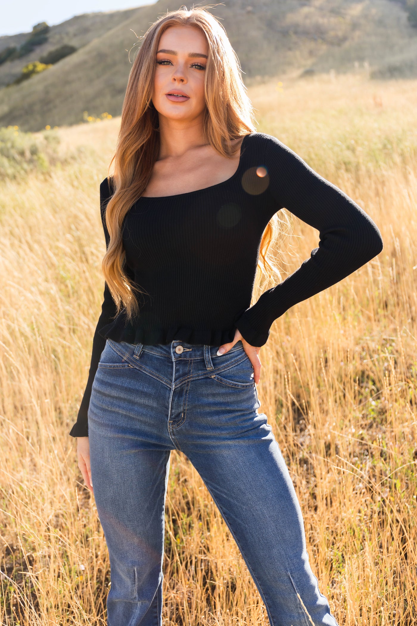 Black Fitted Ribbed Knit Top with Ruffle Trim