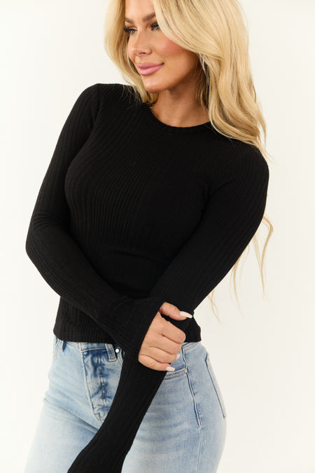 Black Fitted Soft Ribbed Knit Long Sleeve Top