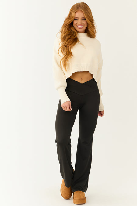 Black Flared Mid Rise Wrap Waist Leggings