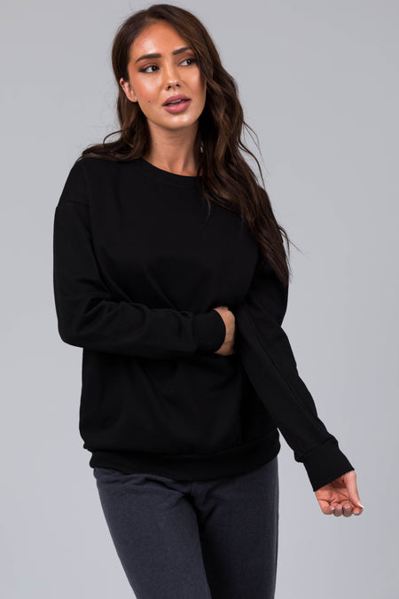 Black Fleece Lined Longline Solid Sweatshirt