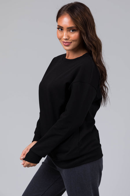 Black Fleece Lined Longline Solid Sweatshirt