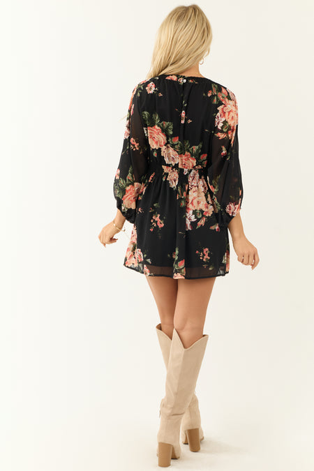 Black Floral Chiffon Dolman Sleeve Mini Dress