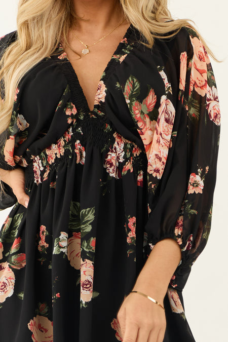 Black Floral Chiffon Dolman Sleeve Mini Dress