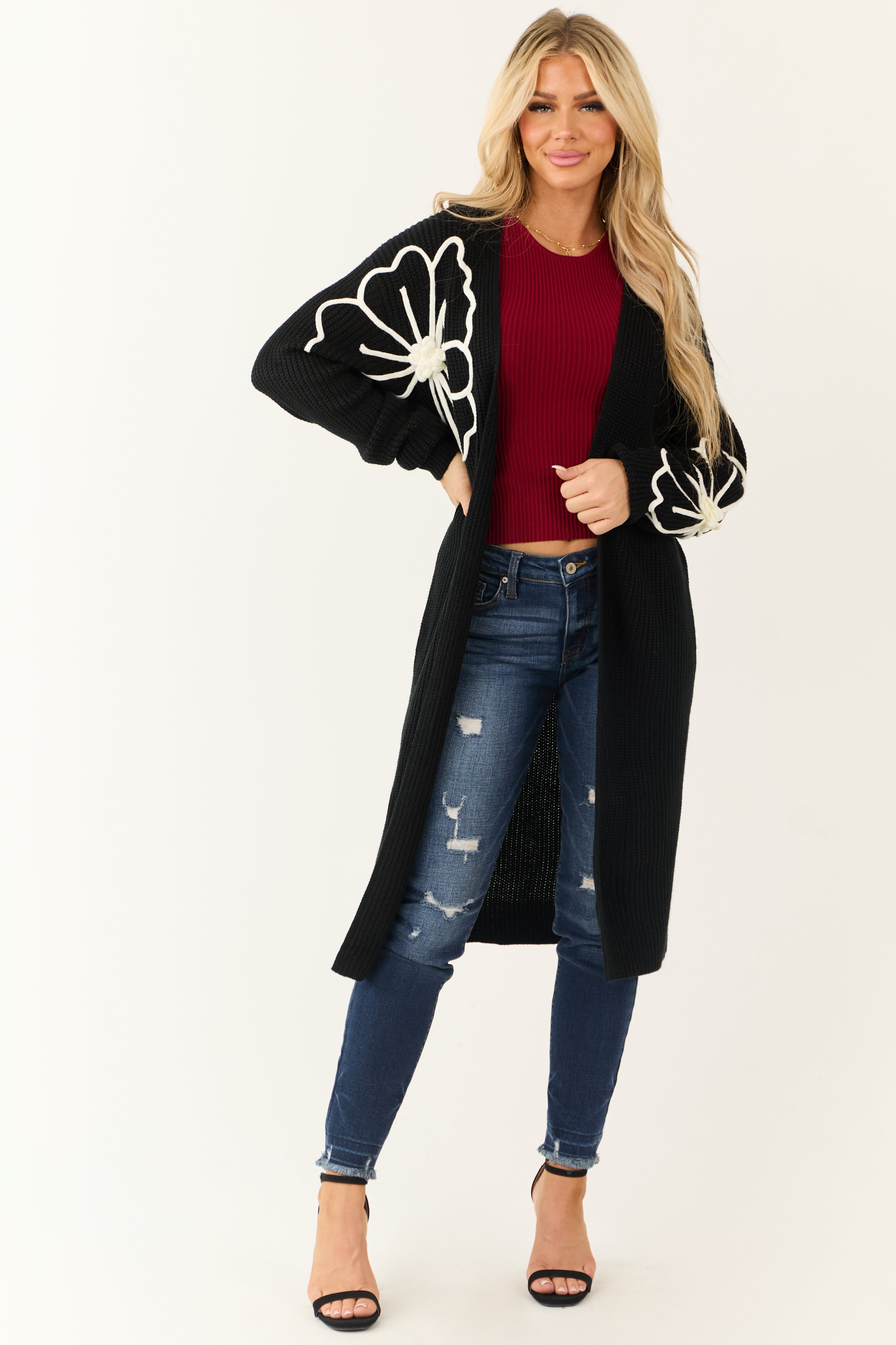 Black Floral Detail Long Sleeve Knit Duster Cardigan