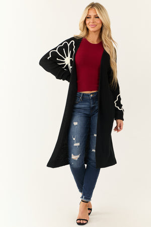 Black Floral Detail Long Sleeve Knit Duster Cardigan