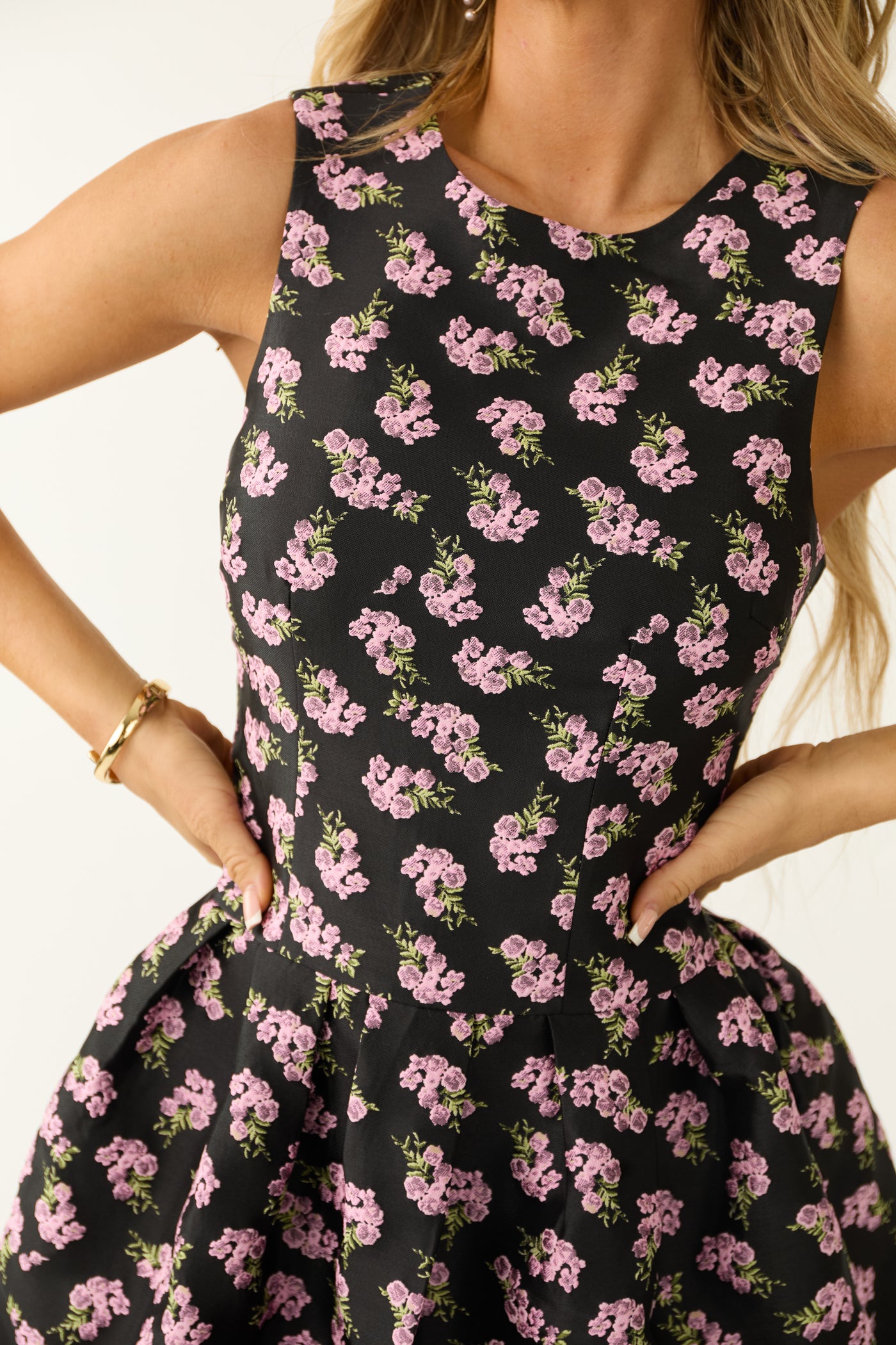 Black Floral High Neck Bubble Hem Short Dress