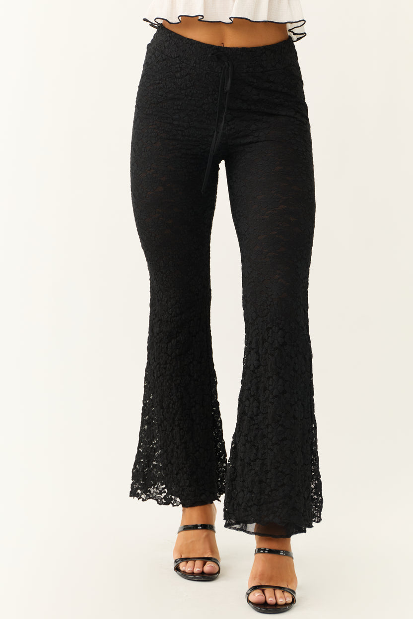 Black Floral Lace Flare Leg Waist Tie Pants