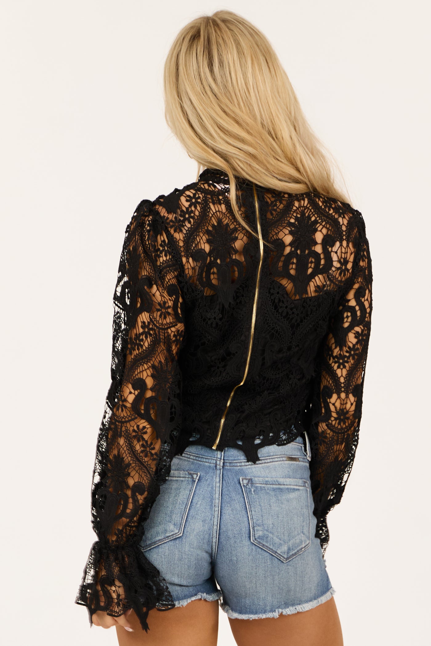 Black Floral Lace Flared Cuff Long Sleeve Top