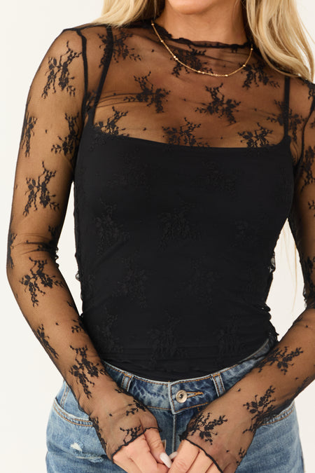 Black Floral Lace Sheer Long Sleeve Mock Neck Top