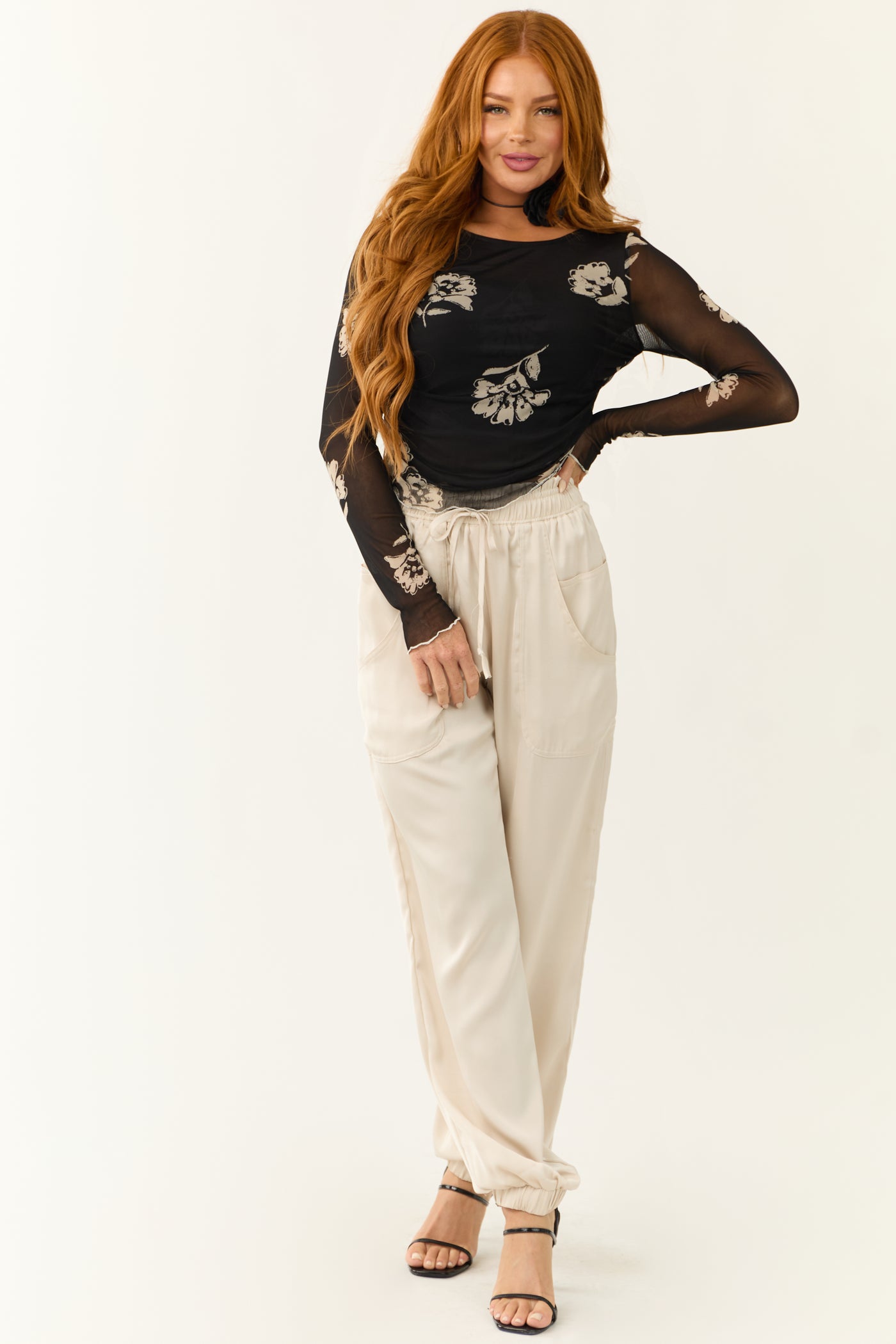 Black Floral Mesh Asymmetrical Hem Long Sleeve Top