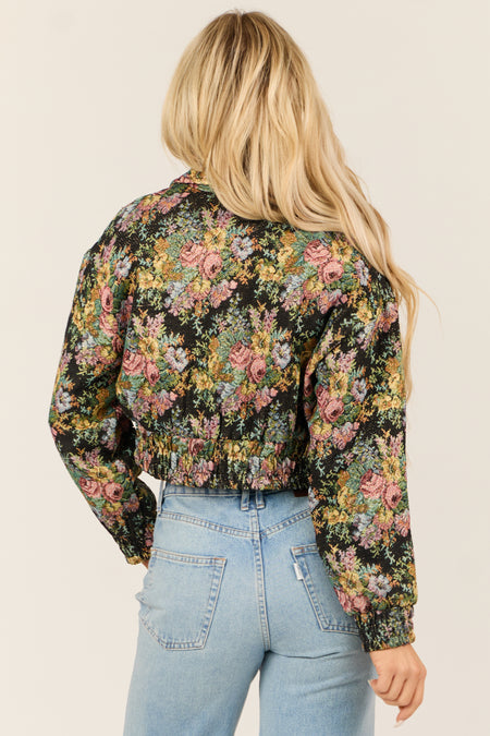 Black Floral Metallic Cropped Bomber Jacket