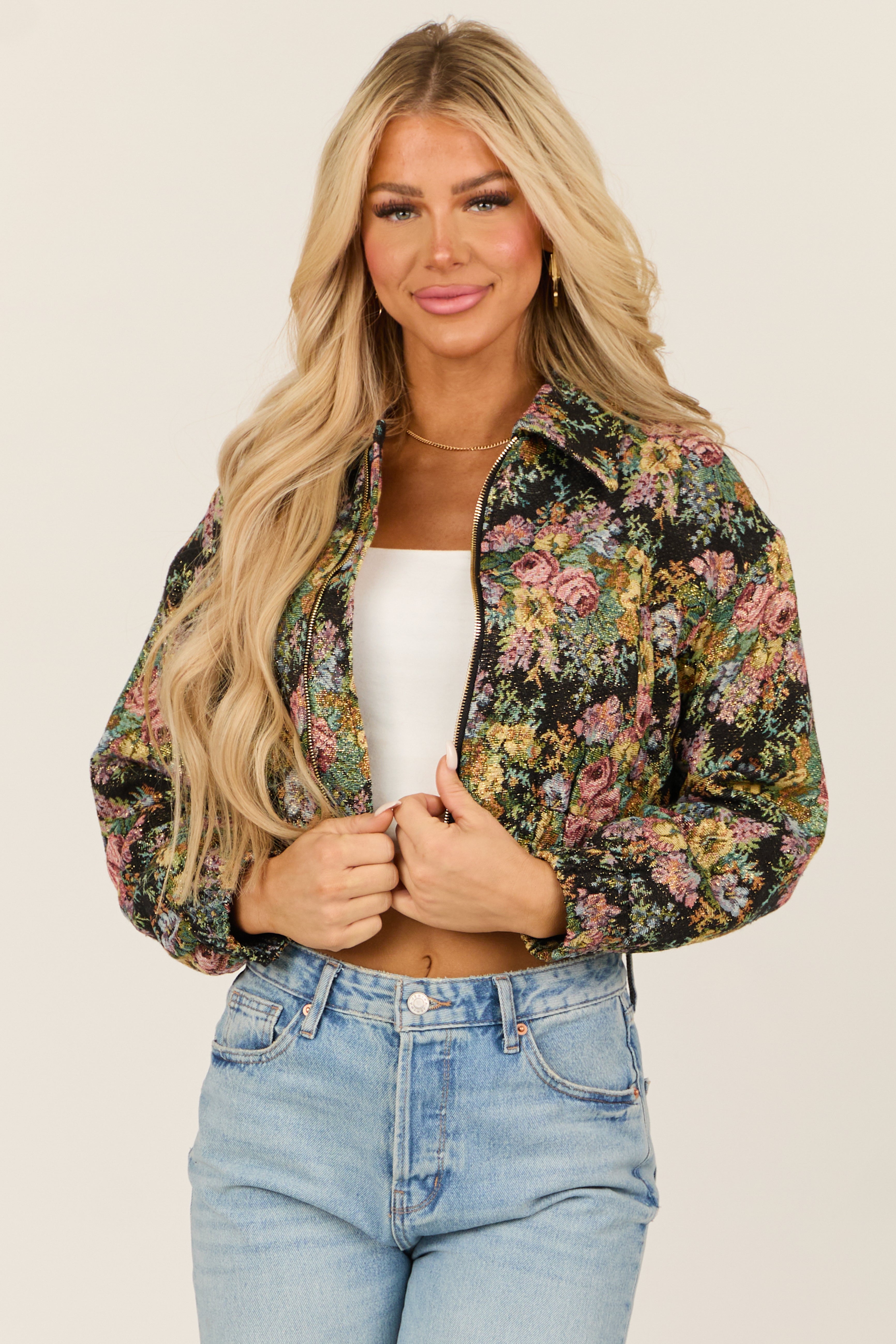 Jealous Tomato Faux store Suede Floral Print Crop Bomber Jacket