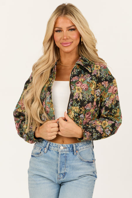 Black Floral Metallic Cropped Bomber Jacket