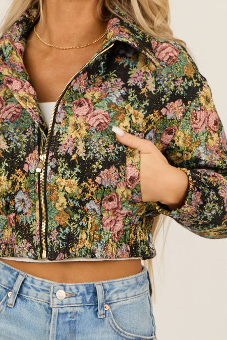 Black Floral Metallic Cropped Bomber Jacket