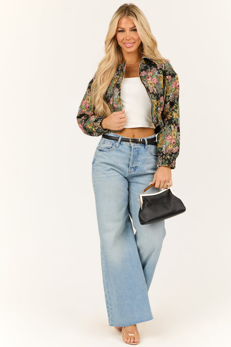 Black Floral Metallic Cropped Bomber Jacket