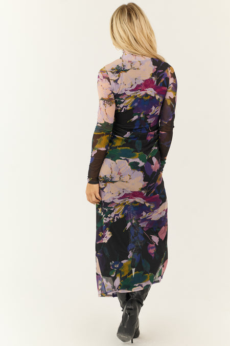 Black Floral Mock Neck Ruched Maxi Dress