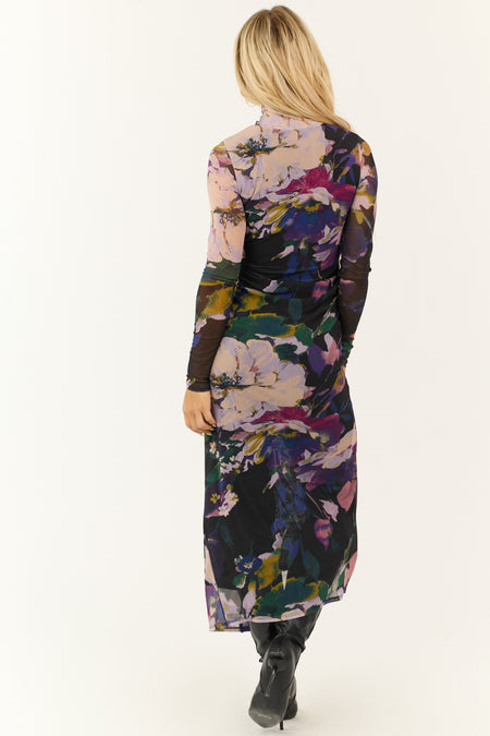 Black Floral Mock Neck Ruched Maxi Dress