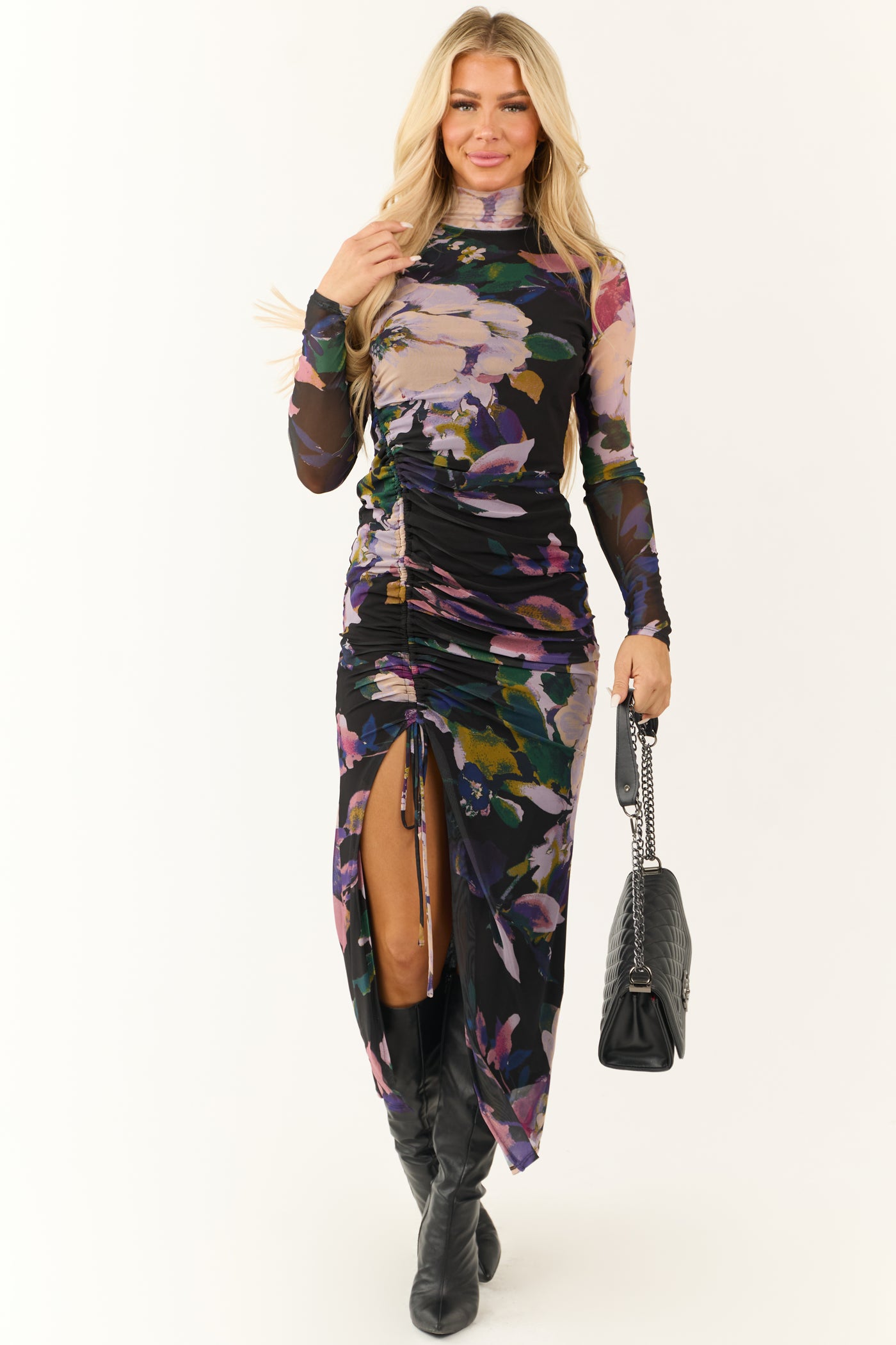 Black Floral Mock Neck Ruched Maxi Dress