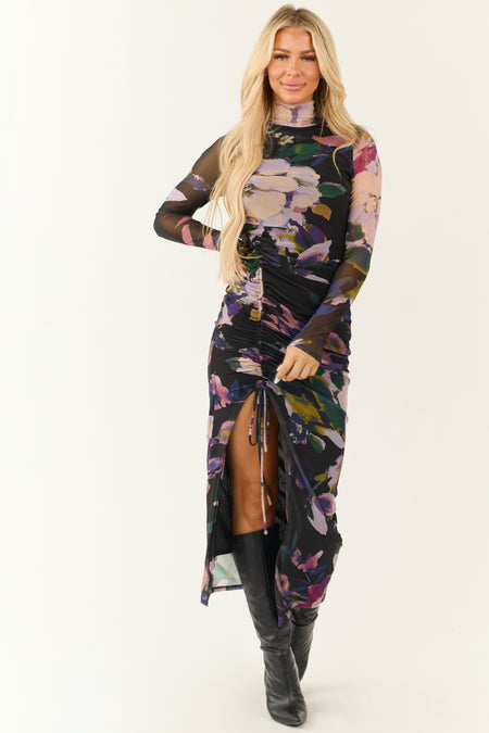 Black Floral Mock Neck Ruched Maxi Dress