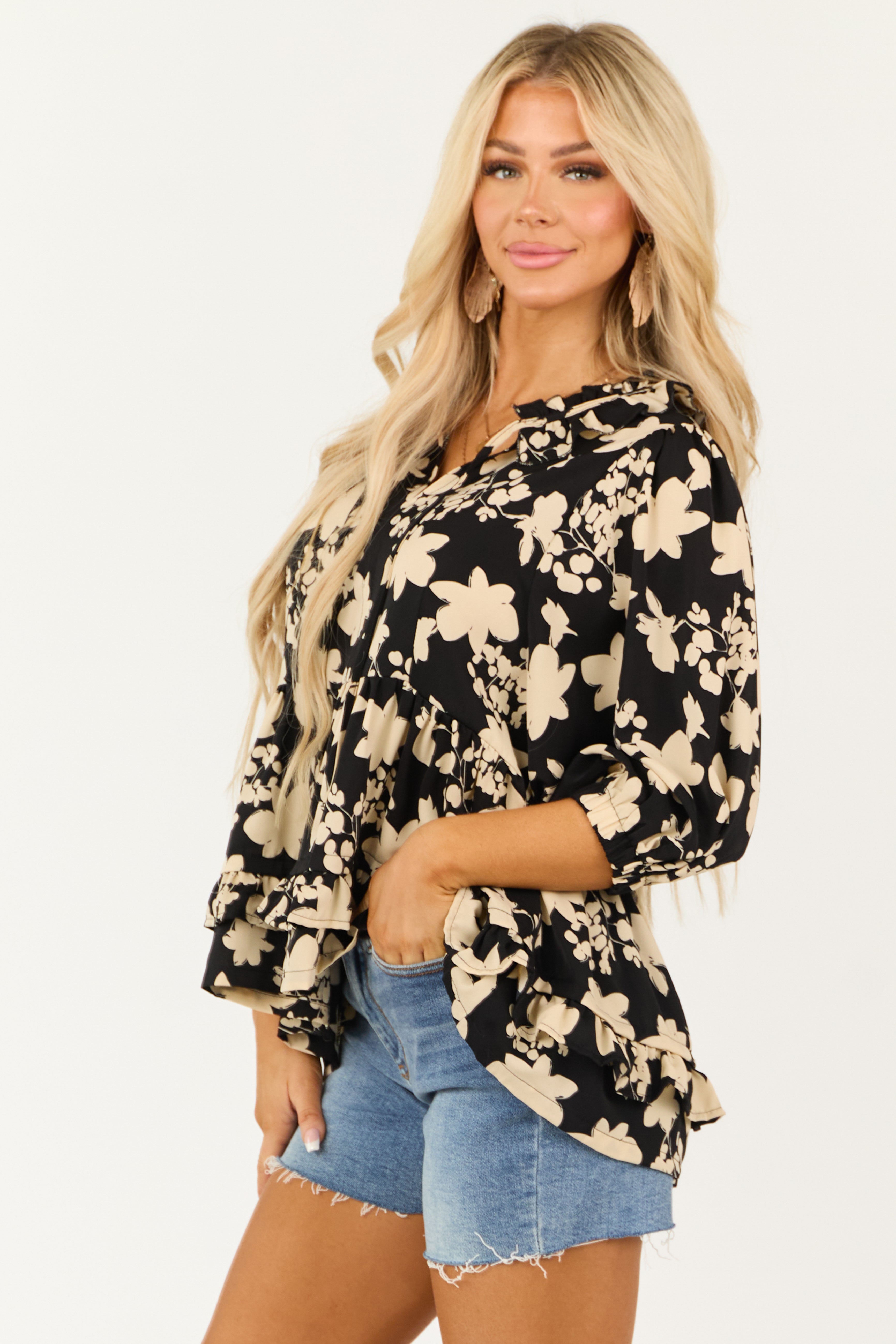 Black Floral Outline Ruffle 3/4 Sleeve Top