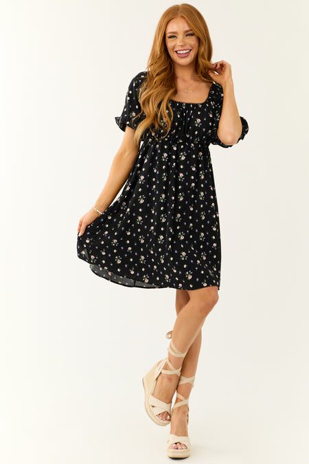 Black Floral Print Back Cut Out Mini Dress