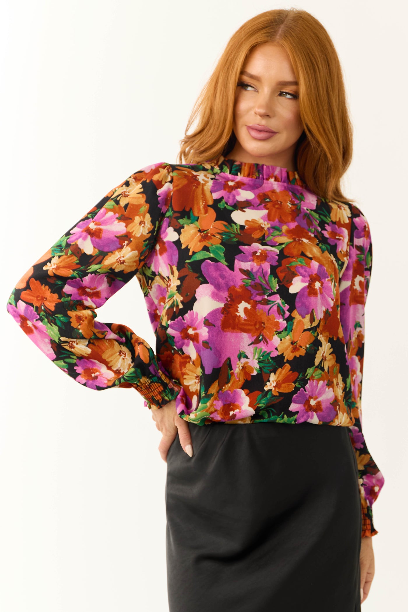 Black Floral Print Bubble Sleeve Blouse