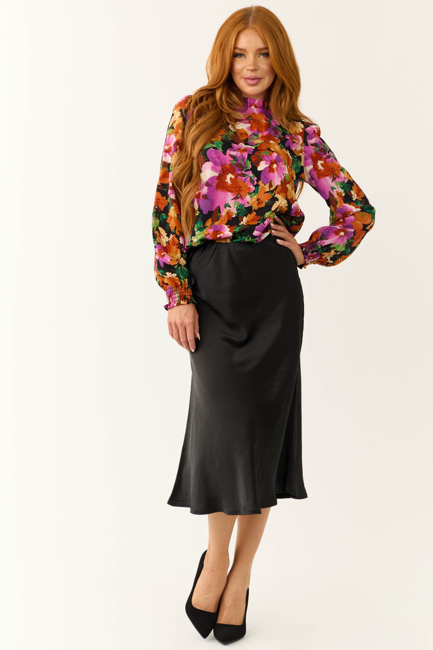 Black Floral Print Bubble Sleeve Blouse