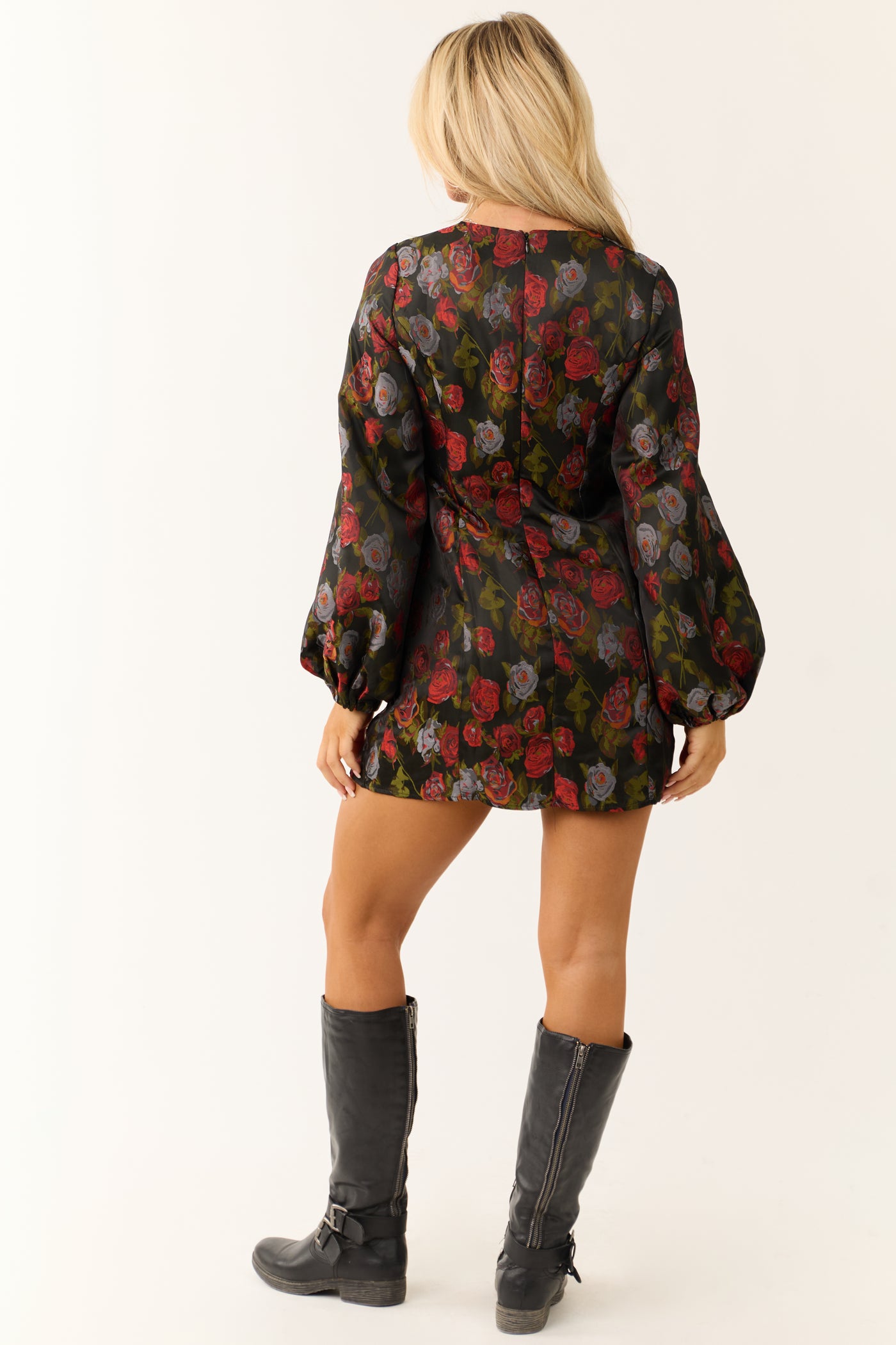 Black Floral Print Bubble Sleeve Short Dress