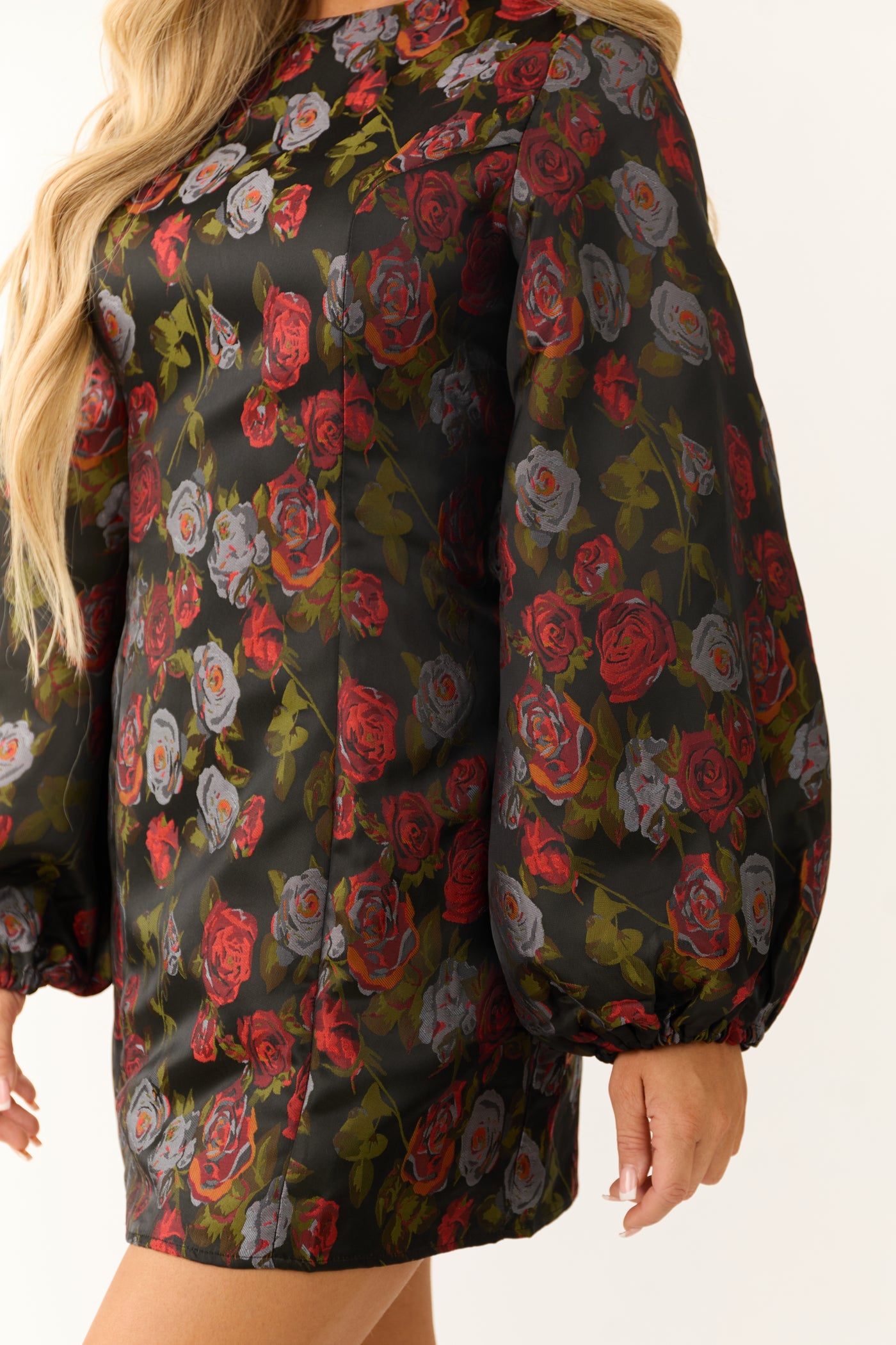 Black Floral Print Bubble Sleeve Short Dress