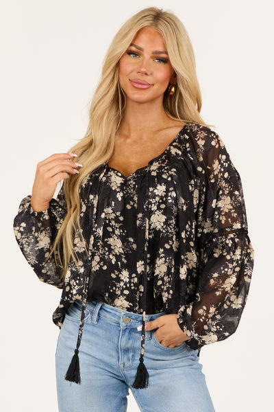 Black Floral Print Chiffon Long Sleeve Top