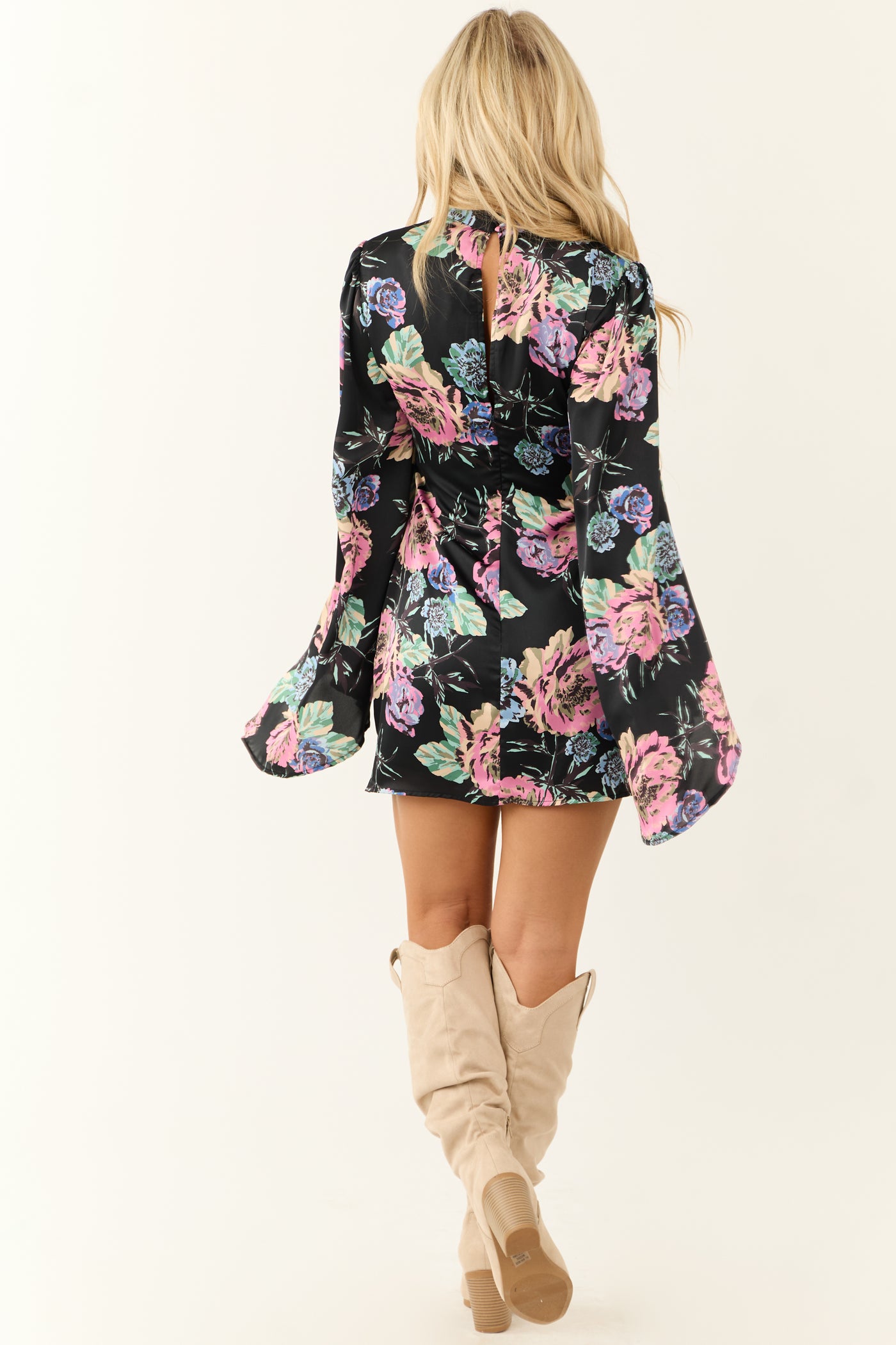 Black Floral Print Flare Sleeve Satin Short Dress