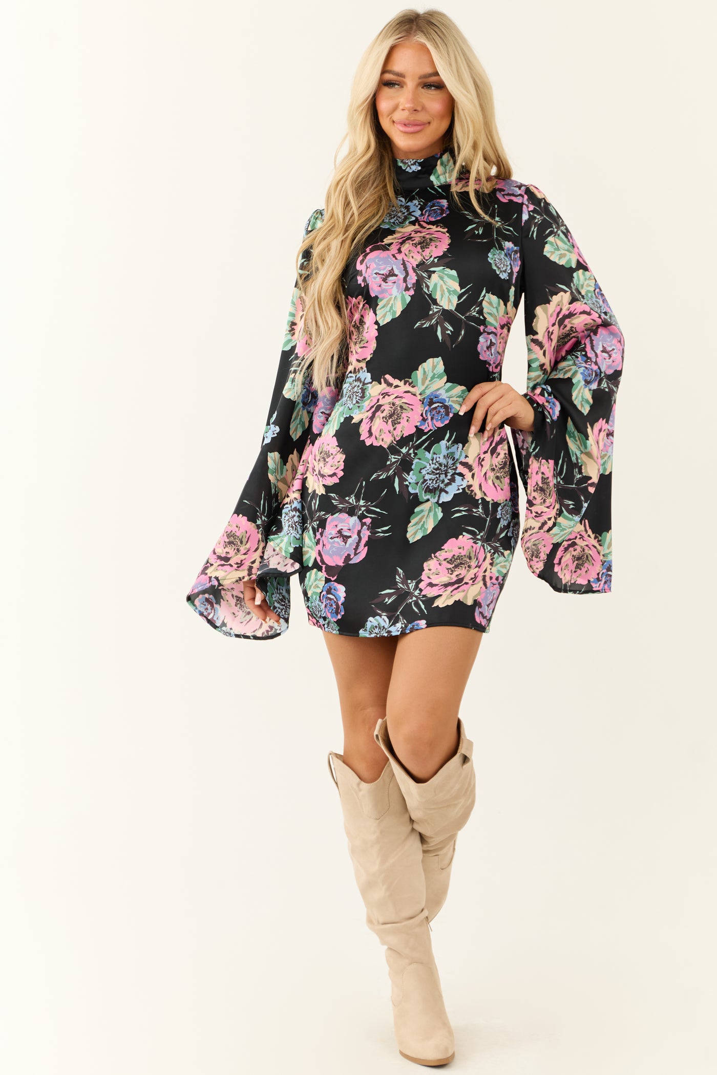 Black Floral Print Flare Sleeve Satin Short Dress