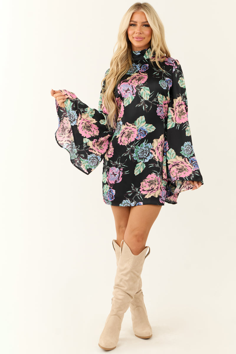 Black Floral Print Flare Sleeve Satin Short Dress