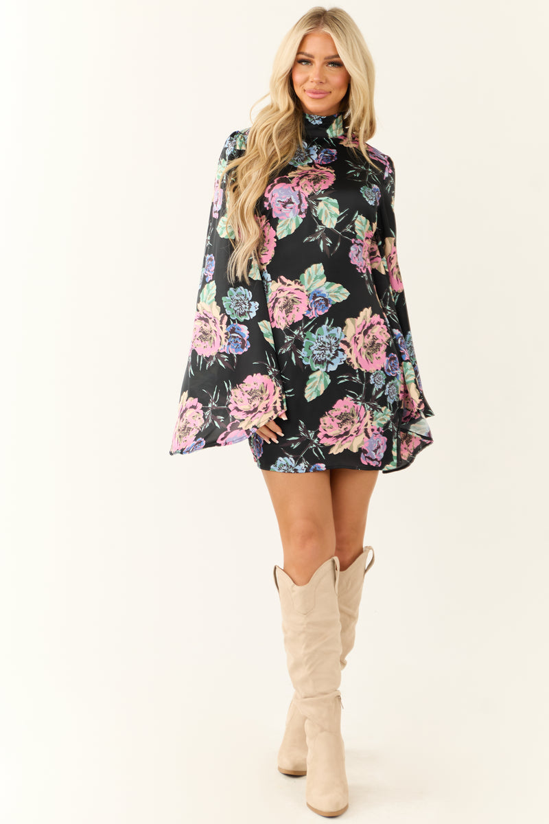 Black Floral Print Flare Sleeve Satin Short Dress