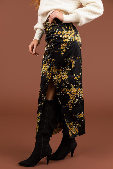 Black Floral Print Front Slit Midi Skirt