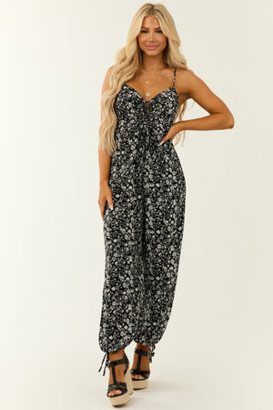 Black Floral Print Front Tie V Neck Jumpsuit