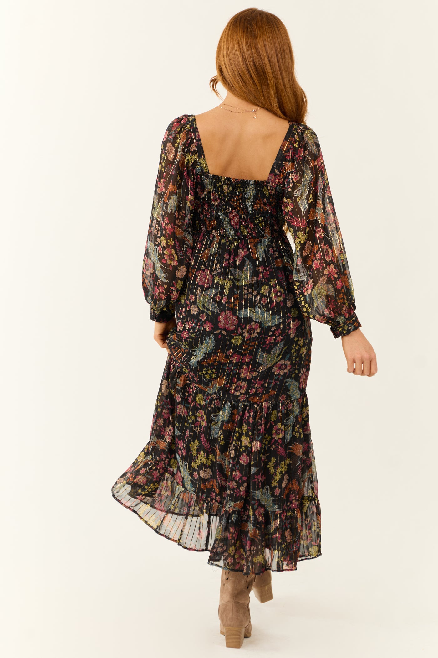 Black Floral Print Front Twist Maxi Dress