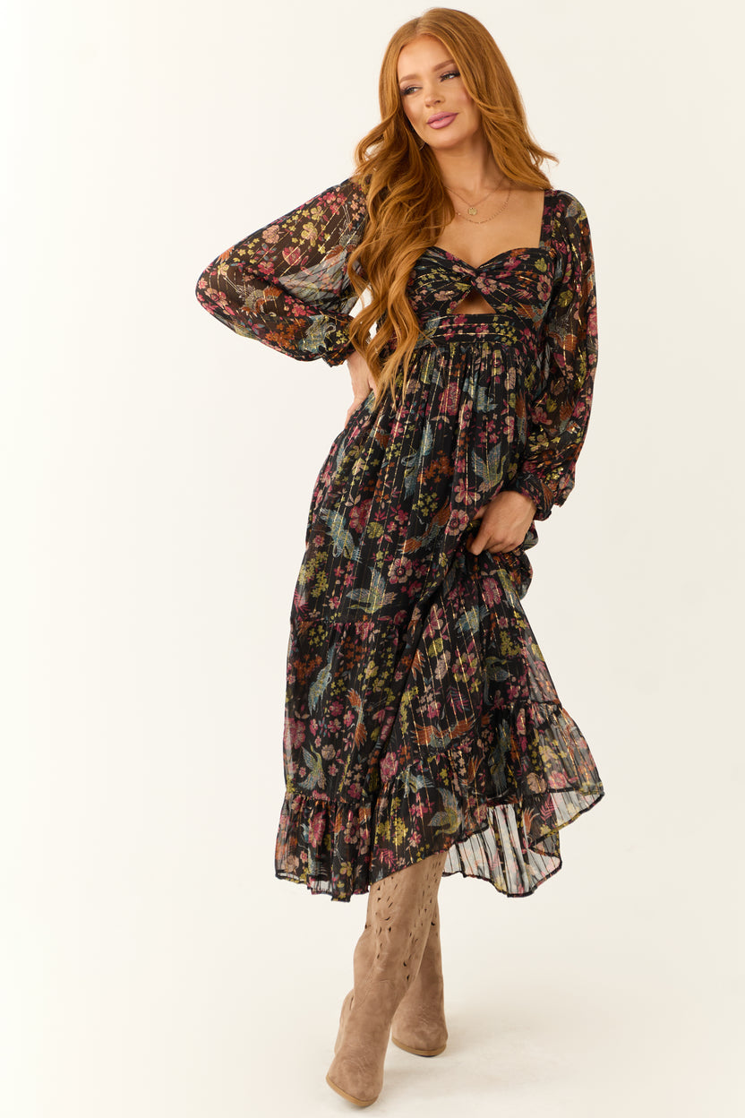 Black Floral Print Front Twist Maxi Dress